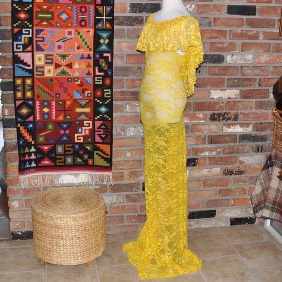 Sheer Lace Stretch Ruffle Open Back Bodycon Dress Clubwear Long Train Gown Party - Picture 2 of 12